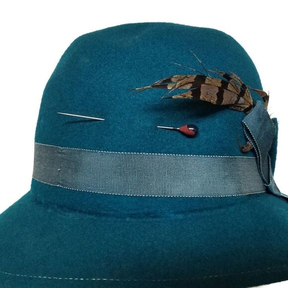 𝅺VTG 50s Peachfeld Wool Turquoise Feather Fedora - Picture 3 of 8